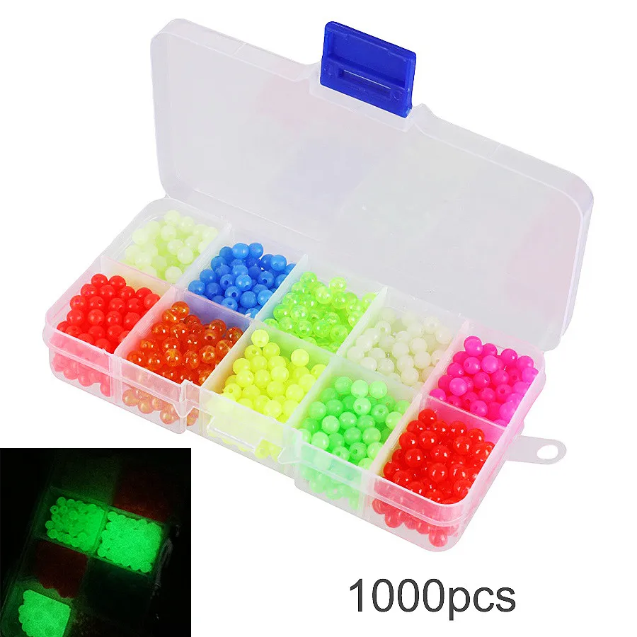 1000 броя риболовни мъниста 5 мм, пластмасов разнообразни, червено, жълто, зелено, многоцветен, светещи топчета в кутията - 0