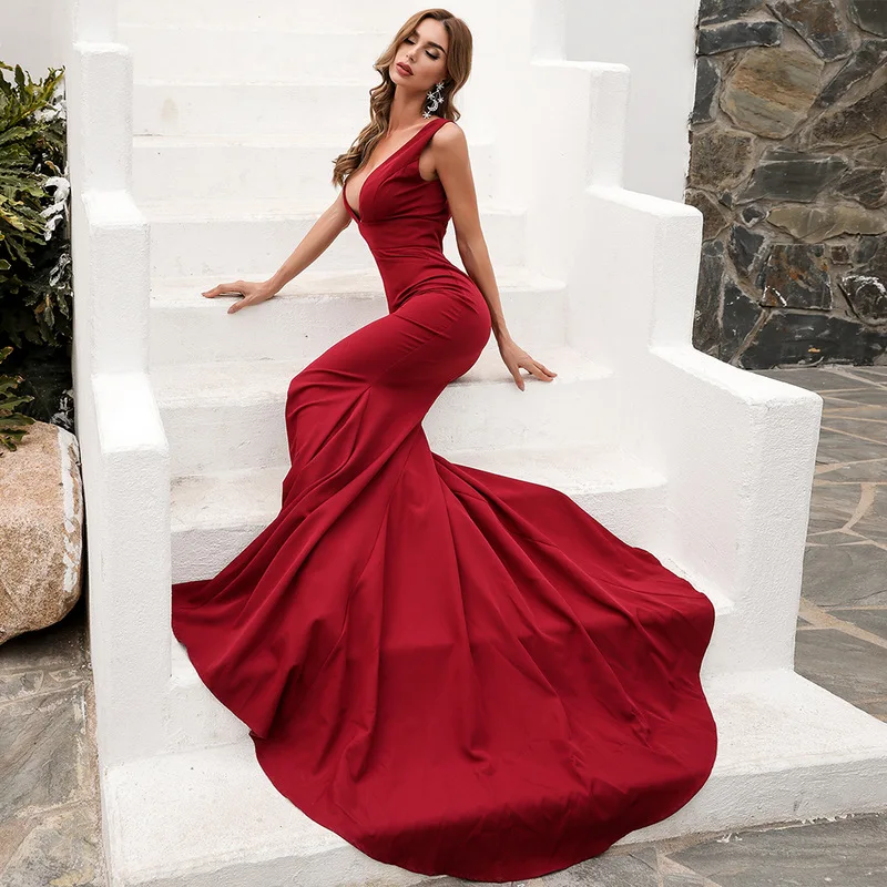 DYQIU Бордовое рокля с дълбоко Vобразным деколте, вечерни рокли, шаферски рокли на знаменитости в стил русалка от Дубай, дебнещ плиссированное вечерна рокля от Арабия - 4