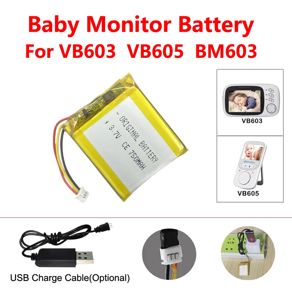 VB603 следи бебето Батерия VB605 VB603 Батерия, 3.7 На 750 mah Замяна Батерия USB Зарядно Устройство за Видео Гледане на деца Bebe Monitor BM603 - 0