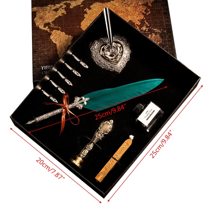 Винтажное гъска перо, перьевая писалка, Мастило за писане, 5 накрайници, Титуляр във формата на сърце, Подарък Кутия, Канцеларски калиграфия - 5