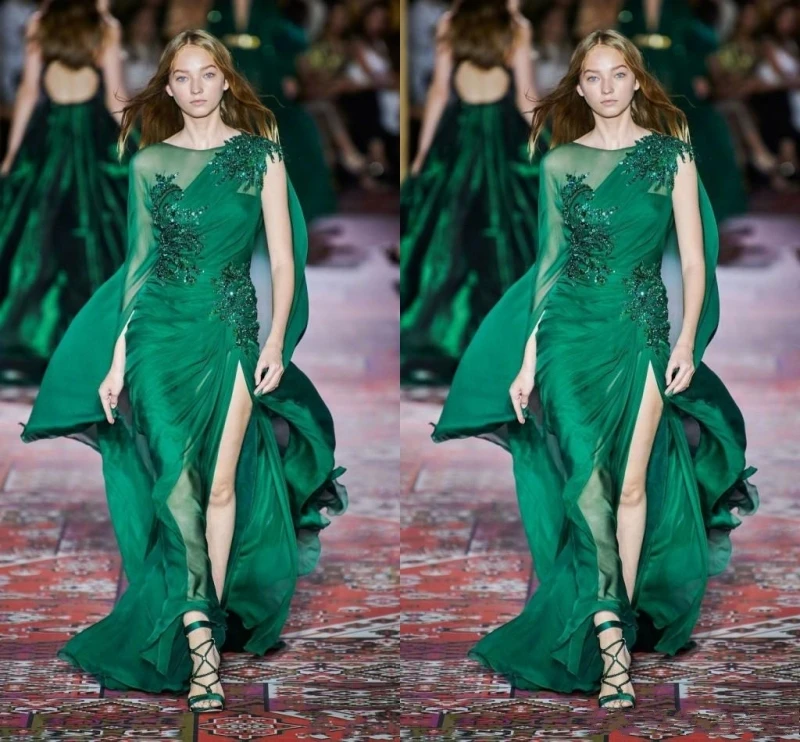 Нова колекция от 2024 г., тъмно-зелени рокли за абитуриентски бал, шифоновые рокли с кръгло деколте и влак, вечерни рокли за бала - 0