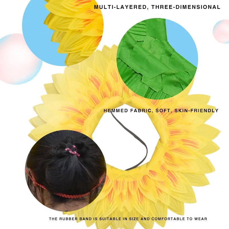 Прическа във формата на слънчоглед, подпори за детски танци, лицето под формата на роса, вход в играта под формата на слънчоглед, забавна церемония по откриването, ръчно изработени цветя - 3