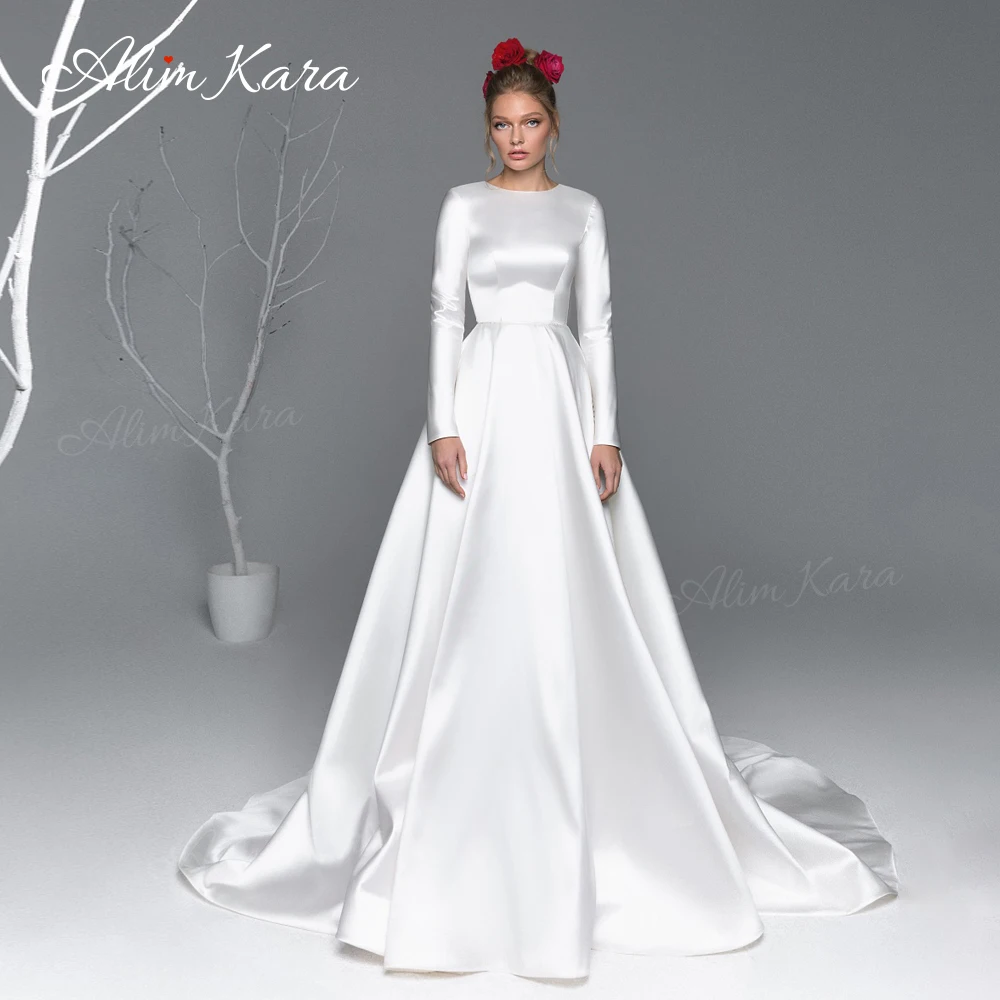 Сватбена рокля Алим Кара с дълъг ръкав 2023, просто атласное рокля Трапецовидна форма с голям размер, придворен струята, принцеса EL08, Vestido De Новия - 0