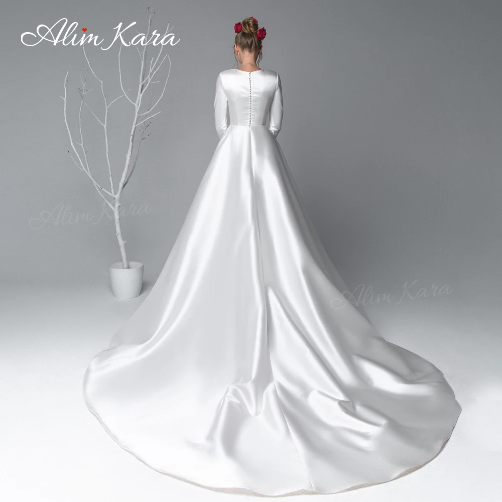 Сватбена рокля Алим Кара с дълъг ръкав 2023, просто атласное рокля Трапецовидна форма с голям размер, придворен струята, принцеса EL08, Vestido De Новия - 1