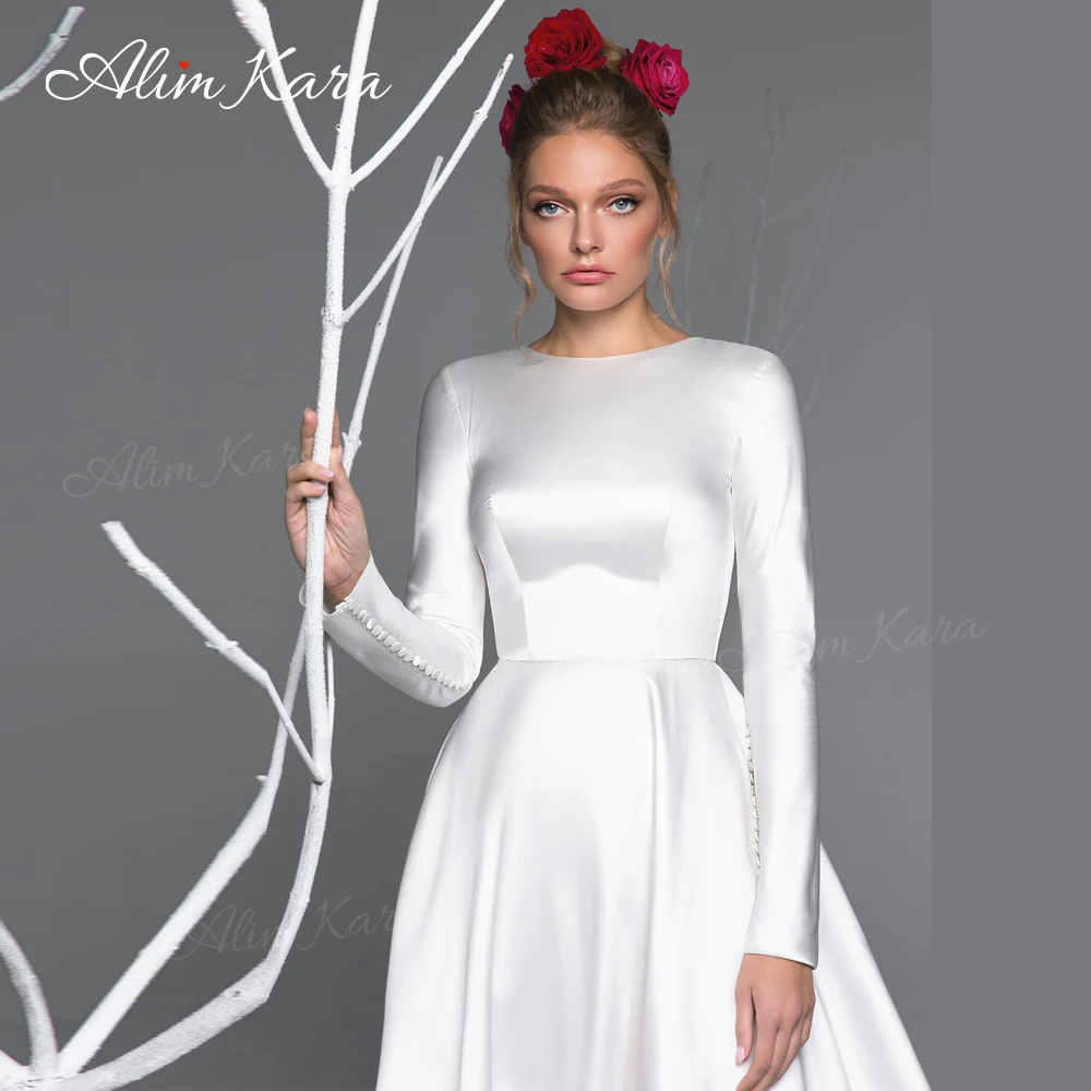 Сватбена рокля Алим Кара с дълъг ръкав 2023, просто атласное рокля Трапецовидна форма с голям размер, придворен струята, принцеса EL08, Vestido De Новия - 2