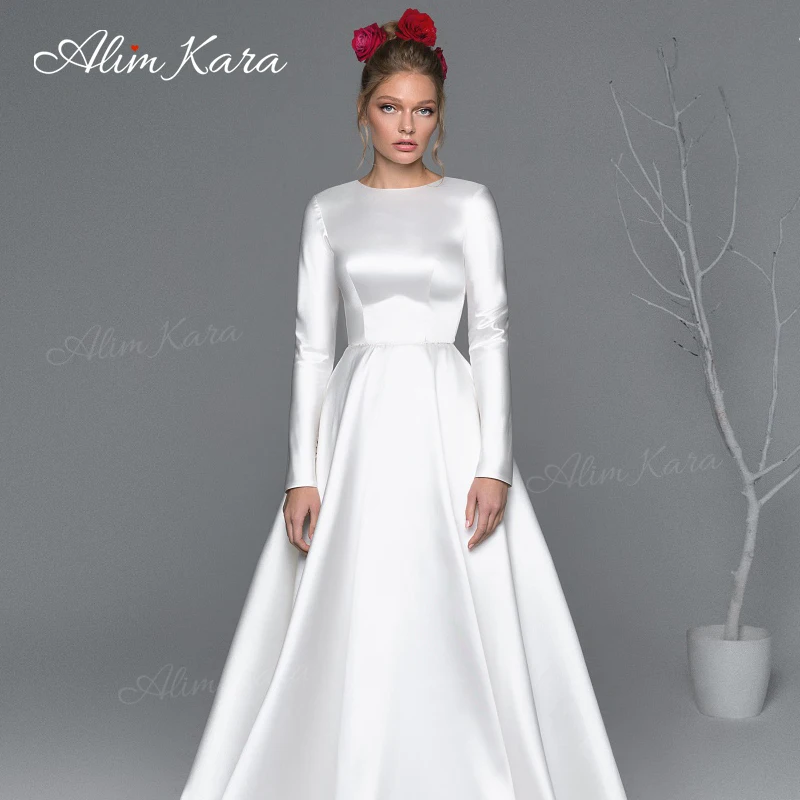 Сватбена рокля Алим Кара с дълъг ръкав 2023, просто атласное рокля Трапецовидна форма с голям размер, придворен струята, принцеса EL08, Vestido De Новия - 3
