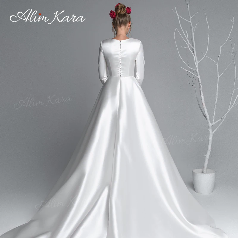 Сватбена рокля Алим Кара с дълъг ръкав 2023, просто атласное рокля Трапецовидна форма с голям размер, придворен струята, принцеса EL08, Vestido De Новия - 4