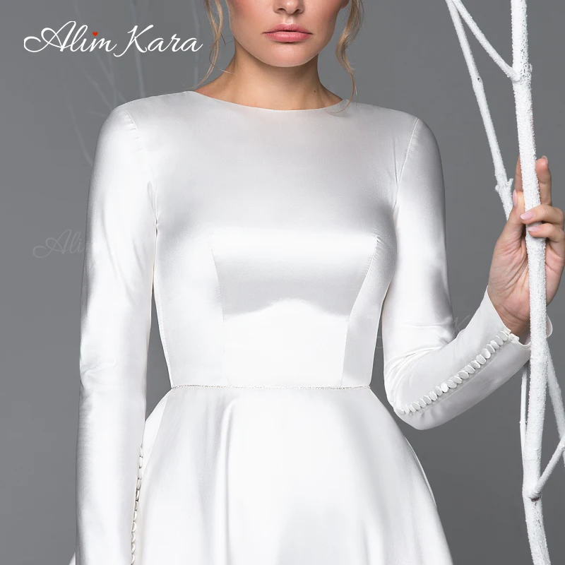 Сватбена рокля Алим Кара с дълъг ръкав 2023, просто атласное рокля Трапецовидна форма с голям размер, придворен струята, принцеса EL08, Vestido De Новия - 5