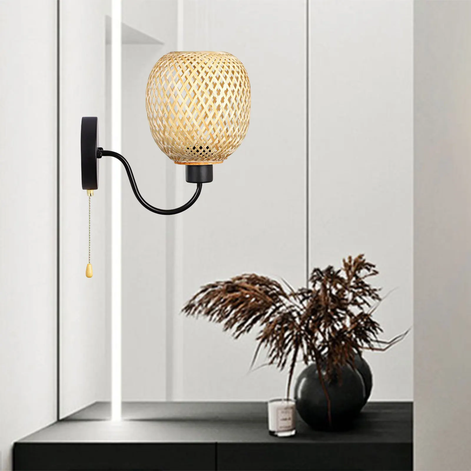 Стенни лампи ротанговый лампа E27 E26, изтъкан от бамбук, в античен стил, от ратан в селски стил, за парти извън къщата, рожден ден в плевнята - 2