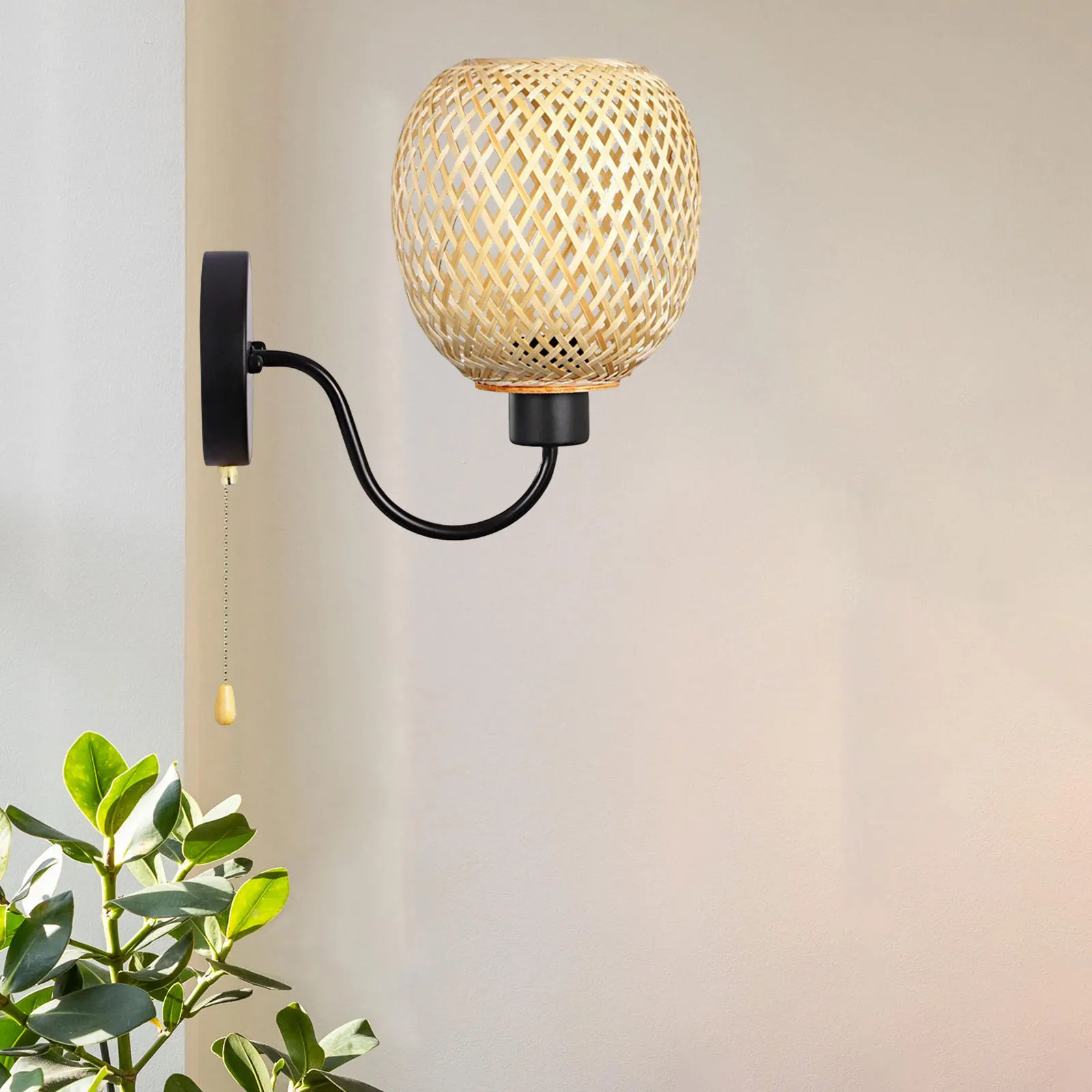 Стенни лампи ротанговый лампа E27 E26, изтъкан от бамбук, в античен стил, от ратан в селски стил, за парти извън къщата, рожден ден в плевнята - 3