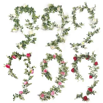 1,95 м Копринени Рози, Цветя Бръшлян, Лоза, изкуствени Цветя, Зелена гирлянда за декорация на дома, сватба, градина, Окачен декор на стените от ратан
