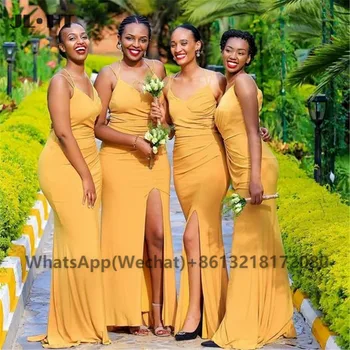 2021 Рокли на шаферките на спагети презрамки в африканския стил Русалка, дълго еластично атласное рокля на шаферка с цепка отпред за сватбеното парти за черни жени