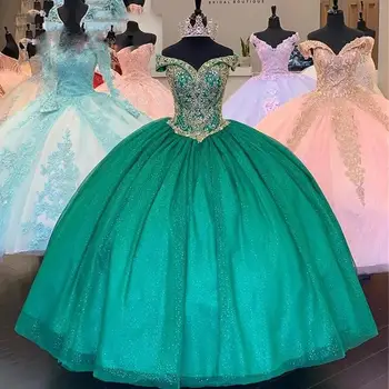 2022 Изумрудено-зелени тучни Sweet рокли 15 с пайети, расшитыми мъниста, бална рокля с открити рамене, празнична рокля за бала