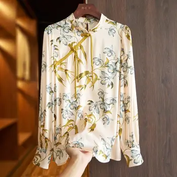 2023 пролетно новост, китайска стилна традиционна дамска блуза ципао в ориенталски стил, елегантен топ с дълги ръкави, цвете блуза чонсам