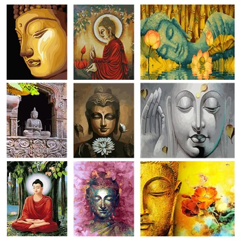 5D САМ диамантена живопис Религиозен Лотос и Буда, Диамантена акрилна бродерия, Декорация на дома, за хола, подарък ръчна изработка