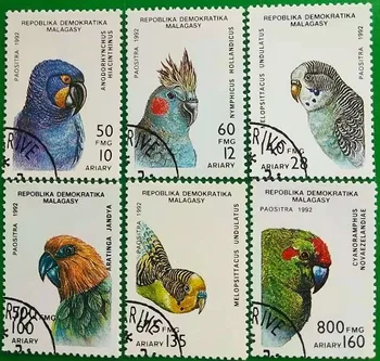 6 бр., Пощенска марка Мадагаскар, 1992, Марка с птици, Събиране на марки, Използвани с пощенска марка