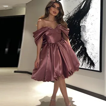 AsaNagi Елегантна къса рокля за абитуриентски бал с отворени рамене, сатенени вечерни рокли в сгъвката на дължина до чаена лъжичка, Саудитска Арабия 2023