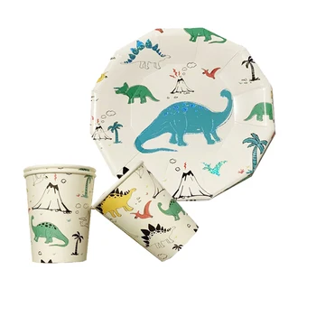 Cartoony динозавър, еднократна хартиена чиния, чаша, честит рожден Ден за деца, детски душ, тематичен декор за парти с динозаври