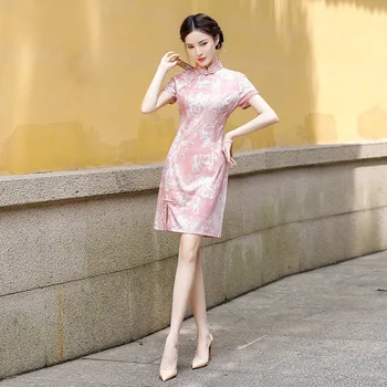 FZSLCYIYI Модно розова мини рокля Чонсам с принтом, Секси лятна рокля Ципао с Къс ръкав, традиционни ежедневни китайски дрехи