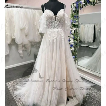 Lakshmigown Розова Плажна сватбена рокля с гъсти къси ръкави 2023, булчински рокли в стил бохо, бродирани с мъниста, дантела и апликация