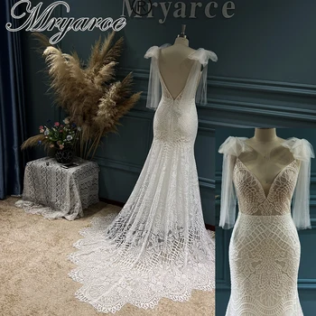 Mryarce Дантелено богемное сватбена рокля с подвижни панделки на спагети презрамки с отворен гръб Сватбени рокли
