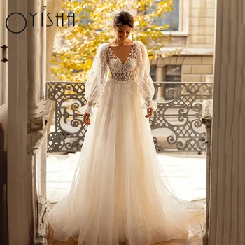 Oyisha Красива Сватбена рокля от Тюл С Кружевными апликации, V-Образно деколте, Буйни Ръкави, Булчински Рокли по поръчка, RobesRobes de mariée sur mesure