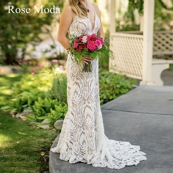 Rose Moda Дантелено сватбена рокля в стил бохо с отворен гръб, тънки бретельки, сватбената рокля цвят на слонова кост и шампанското, реални снимки
