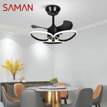 SAMAN Модерен вентилатор на тавана, креативна проста реколта led лампа 3 цветове с дистанционно управление за дома, хол, спалня