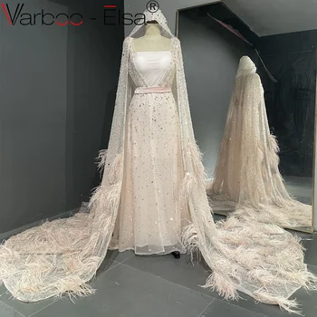 Varboo_Elsa, елегантни арабски дамски дълги сватбени и вечерни рокли с Розови пера, Луксозна вечерна рокля от Дубай с нос, големи размери