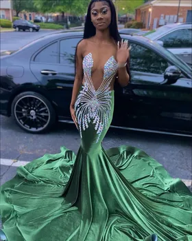 Африканска чернокожая момиче, дълги рокли за абитуриентски бал с зелени диаманти 2023, Луксозни сребърни мъниста, Кристали, прозрачен топ, Вечерни рокли Русалка