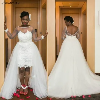 Африкански сватбени рокли за 2021 година с висок нисък прозрачна Илюзия и дълги Ръкави Плюс Размер Сватбени Рокли Vestidos De Новия