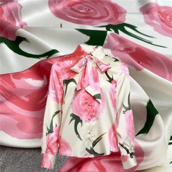 Брандираната еластична саржевая коприна плат с розови цветя принтом, коприна тутового цвят, пролет-лято плат за дрехи, дизайнерски тъкани направи си САМ