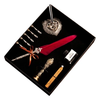 Винтажное гъска перо, перьевая писалка, Мастило за писане, 5 накрайници, Титуляр във формата на сърце, Подарък Кутия, Канцеларски калиграфия