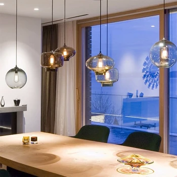 Висящи лампи в стил loft E27 за кухня, хол, спалня, ресторант, хотелски хол, модерни висящи лампи в скандинавски стил от разноцветни стъклени чаши