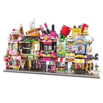 Градивните елементи на Сцена с изглед към град кафе-сладкарница магазин Архитектура Монтажна играчка, подарък за Коледа за деца и възрастни