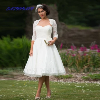 Елегантно Бельо Кратко Сватбена рокля 2023 с Жакетом за Жени, Сватбената Рокля Трапецовидна форма Чаена дължина С Аппликацией, Vestido De Новия Robe Mariée