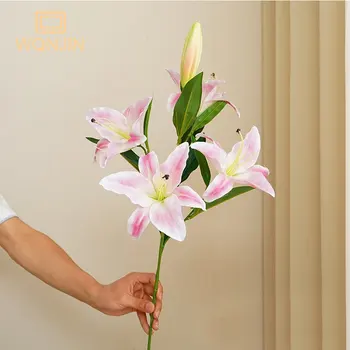 Имитация на 5 глави дълга лилия, изкуствени цветя, подправен с букет Лилии за сватба, дом, ресторант, хотел, офис, интериор на градина на открито