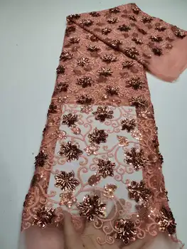 Лейси плат с 3D пайети в нигерия стил; 2023 Благородна праскова африканска тюлевая плат с бродерия; Сватбена рокля; на Окото лейси кърпа 5 ярда