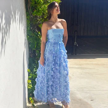 Льдисто-синьо пряко рокля с аппликацией в цветенце дължина до щиколоток, вечерни рокли за жени, елегантна лятна рокля с 3D цветя