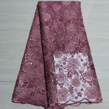 НОВА розова африканска лейси плат 2023 г. с Висококачествена френска лейси плат с 3D пайети Нигерийская лейси плат за рокли на 5 ярда