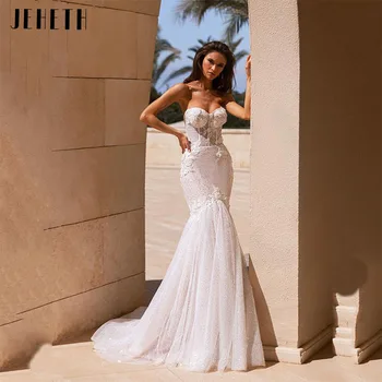 Сватбена рокля JEHETH без презрамки от тюл с пайети, Русалка в стил бохо, луксозно плажна рокля с дантелено аппликацией във формата на сърце и отворен гръб, сватбената рокля без ръкави
