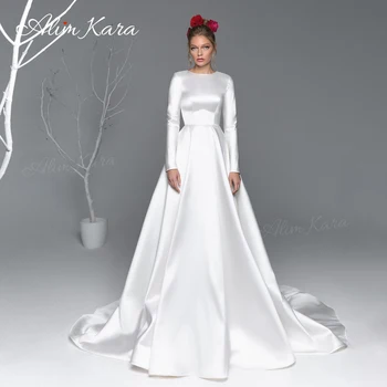 Сватбена рокля Алим Кара с дълъг ръкав 2023, просто атласное рокля Трапецовидна форма с голям размер, придворен струята, принцеса EL08, Vestido De Новия