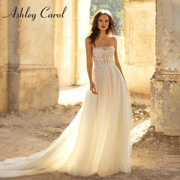 Сватбена рокля трапецовидна форма Ашли Carol 2022 Очарователно без презрамки с Нежни Апликации от мъниста, плажна сватба без ръкави рокля с отворен гръб
