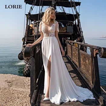 Сватбени рокли LORIE Beach, шифоновые сватбени рокли трапецовидна форма с кружевными апликации, сватбени рокли за партита с V-образно деколте 2023