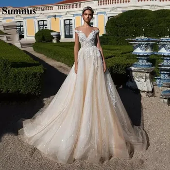 Сватбени рокли Sumnus цвят шампанско с открити рамене, големи размери, тюлевое дантелено сватбена рокля с аппликацией, сексуална илюзия, копчета