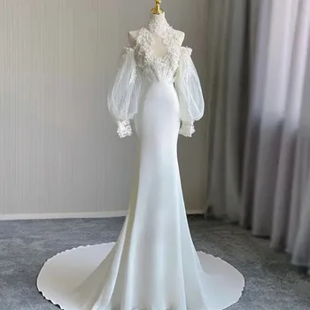 Секси дантелени апликации, сватбената рокля на Русалка с високо воротом и влак, направен по поръчка в градината, сватбени рокли за младоженци в западен стил
