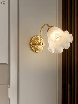 Френски класически ретро Ретро цвете, монтиран на стената лампа LED E14, златен Блясък, Мед стъкло, монтиран на стената лампа, Спалня, хол, Нощни шкаф