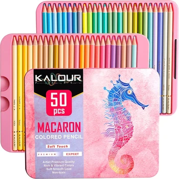 Цветни моливи пастельного цвят KALOUR Macaron, Набор от 50 цвята, Мека сърцевина за художници, Са идеални за рисуване на възрастни и на деца.