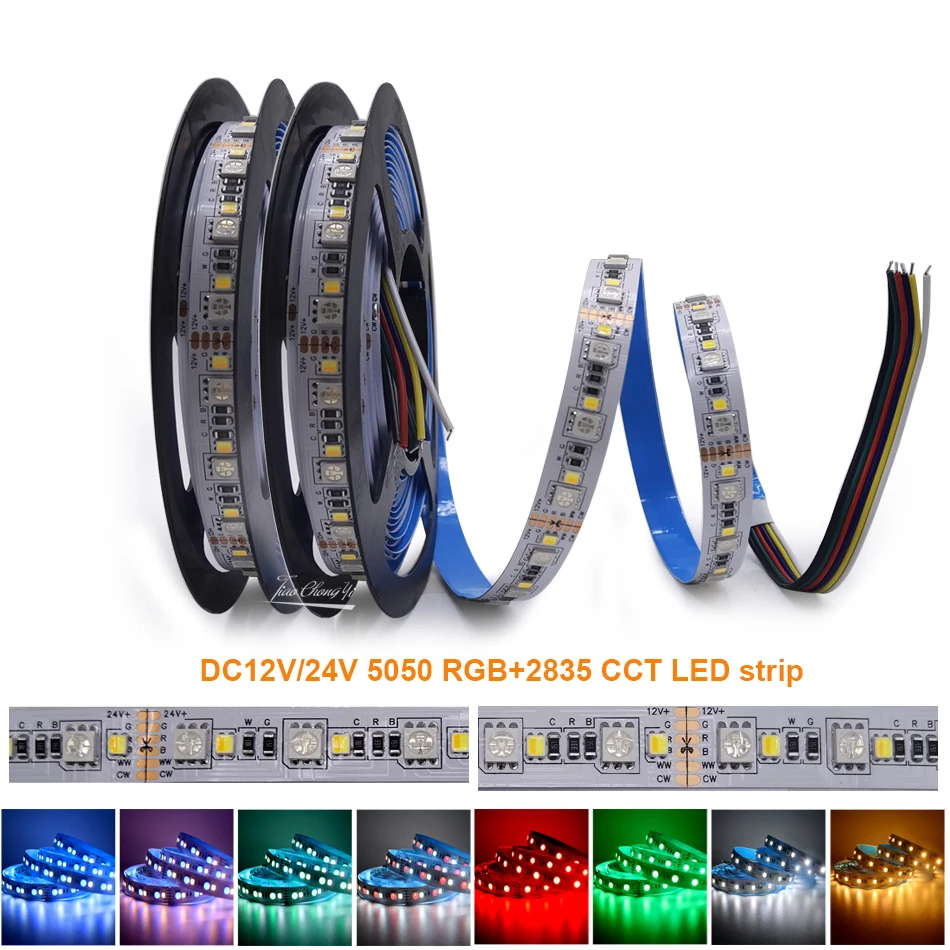 5 м RGBCCT led лента, 120 led s/m DC12V/24 SMD 5050 RGB 2835 CCT 2в1 топло бяло/бяло Гъвкава лента за Декор на стая IP30 - 0