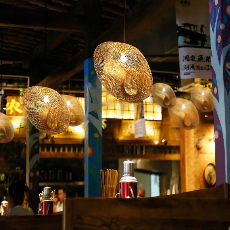 Реколта бамбукови висящи осветителни тела за украса на дома, китайски висящи лампа от ратан ръчно изработени, ресторант, кафене, коридор, окачена лампа - 3